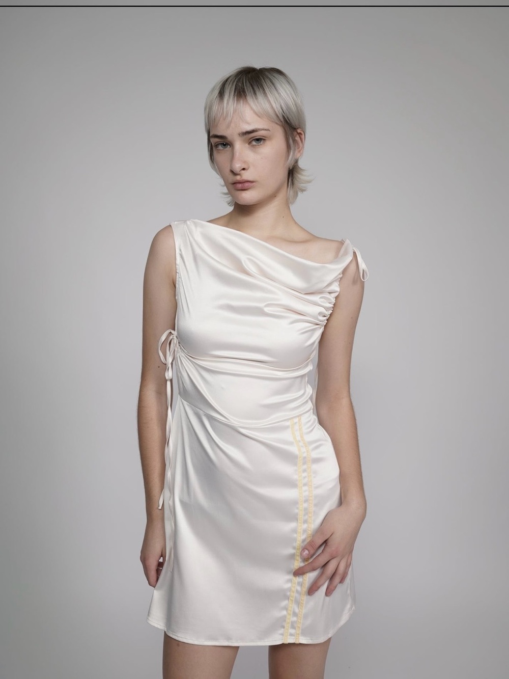 Satin Asymmetrical White Dress with Side Tie